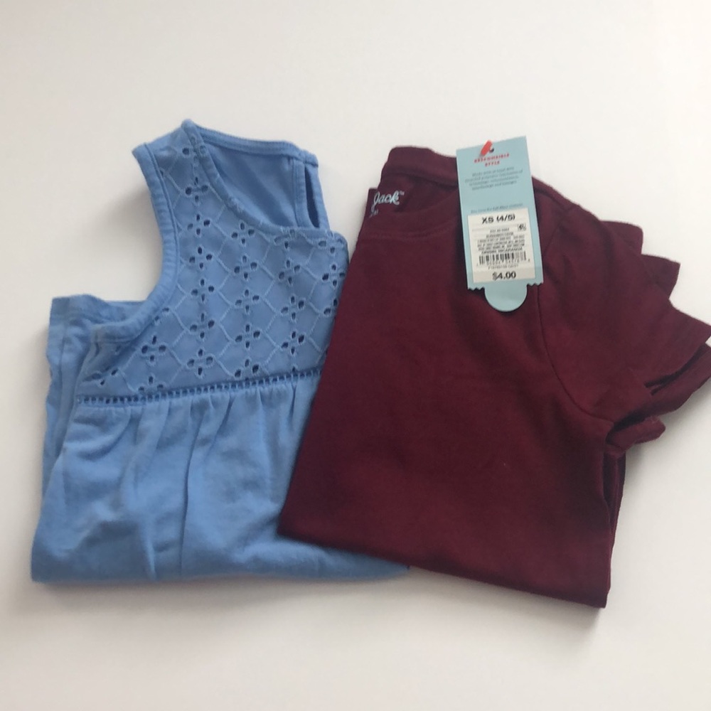 2 Cat & Jack Girls Shirts-Blue Tank Top/NWT Maroon Short Sleeve Sz XS (4/5)